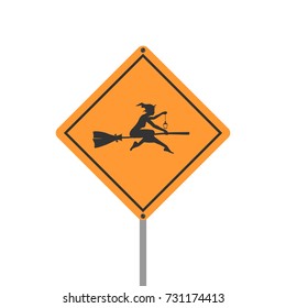 Warning yellow road sign on white background. Flying witch