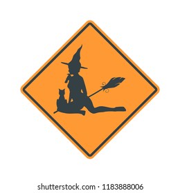 Warning yellow road sign with sitting witch icon.