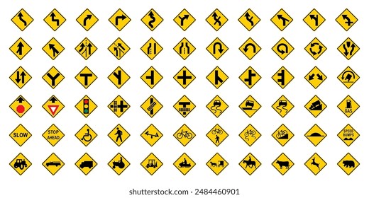 Warning yellow road signs set. Vector