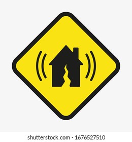 Warning Yellow Sign On White Background. Vector Earthquake Symbol. Square Hazard Warning Sign With Rounded Corners.