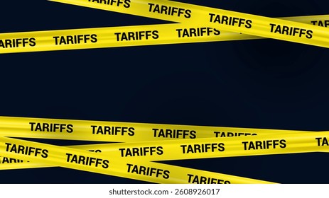 Warning Yellow Stripe Tariff News Vector Banner, Realistic Crossed Tape with Word Tariff on Dark Background, Risk Border