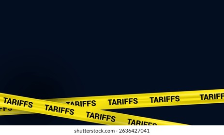 Warning Yellow Stripe Tariff News Vector Banner, Realistic Crossed Tape with Word Tariff on Dark Background