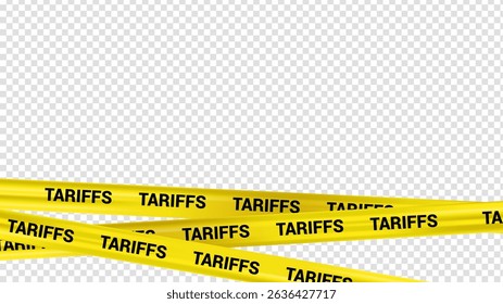 Warning Yellow Stripe Tariff News Vector Banner, Realistic Crossed Tape with Word Tariff on Transparent Background