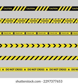 Warning yellow tape set stripes borders, Caution tape set of yellow warning ribbons.