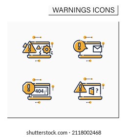 Warnings color icons set. Different notification types.Computer breakdown,pop up messages,404 error. Signs variation concepts.Isolated vector illustrations