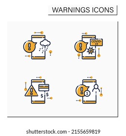 Warnings color icons set. Different notification types. Coronavirus, payment failed. Error messages. Exclamation pointer. Signs variation concepts.Isolated vector illustrations