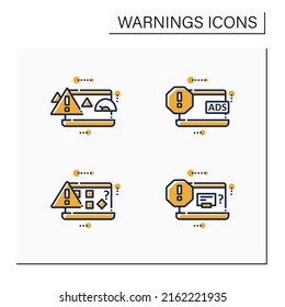 Avisar conjunto de iconos de color. Distintos tipos de notificación. Carga de equipo, anuncios. Mensajes de error. Puntero de exclamación. Signos de variación.Isolación de ilustraciones vectoriales