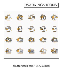 Avisar conjunto de iconos de color. Distintos tipos de notificación. Mensajes de error. Puntero de exclamación. Signos de variación.Isolación de ilustraciones vectoriales