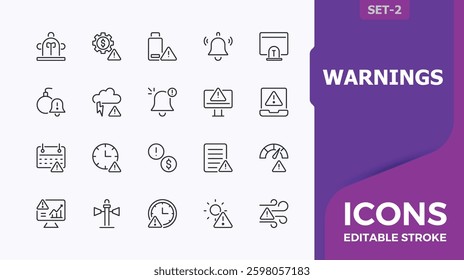 Warnings icon pack. Contain linear sign attention, information, danger, accident, exclamation and more. Alerts modern icons. Outline icon. Minimalist editable stroke. Vector collection.