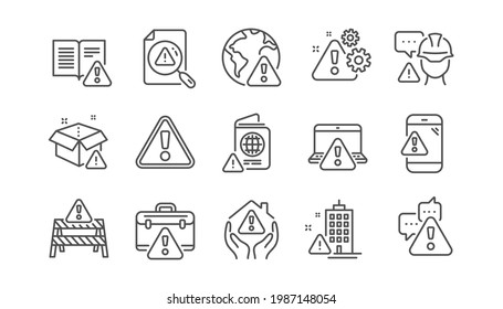 Warnings line icons. Caution sign, Exclamation mark, Risk attention. Danger alert, error caution, urgent information line icons. Safety risk, construction warning, documentation error. Vector