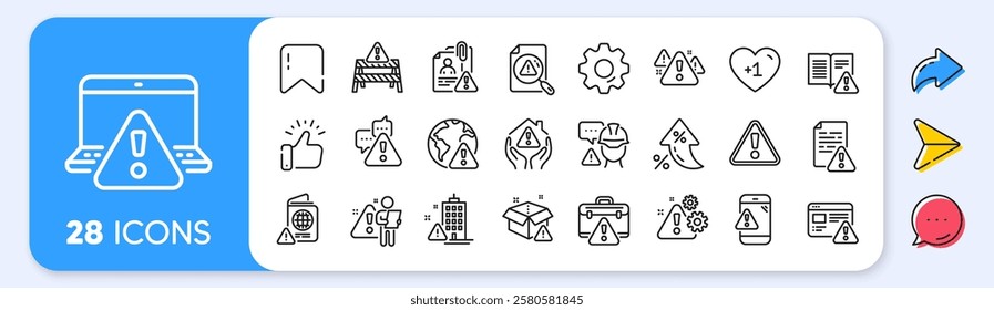 Warnings line icons. Interest rate, AI generate, Inflation icons. Caution sign, Exclamation mark, Risk attention. Danger alert, error caution, urgent information line icons. Vector