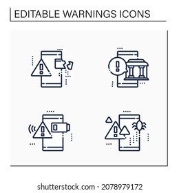 Warnings line icons set. Different notification types. Battery, virus notification,data loss. Error messages. Signs variation concepts.Isolated vector illustrations.Editable stroke