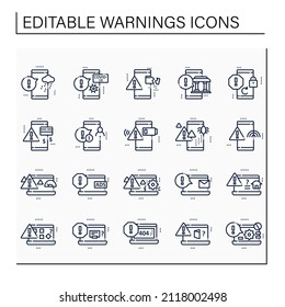 Warnings line icons set. Different notification types. Error messages. Exclamation pointer. Signs variation concepts.Isolated vector illustrations.Editable stroke