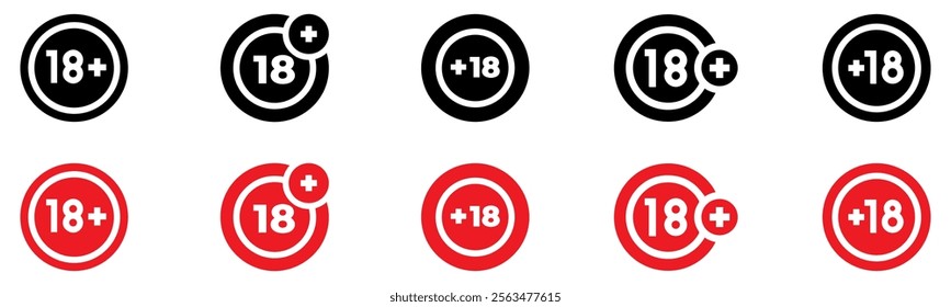 Warnings minors 18 years, black red badges white. Vector Illustration. EPS 10