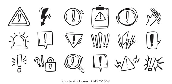 Warnungen im Zusammenhang mit handgezeichneten Doodle einfache Symbole gesetzt. Symbole für Warnungen in Vektorlinienzeichnungen. Vektorgrafik