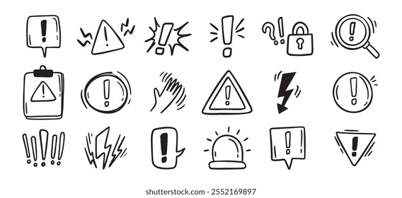 Avisos relacionados mão desenhada rabiscar ícones simples conjunto. Avisos de desenho de linha de vetor relacionados a ícones. Ilustração vetorial