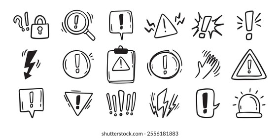 Warnings related hand drawn doodle simple icons set. Vector line drawing warnings related icons. Vector illustration