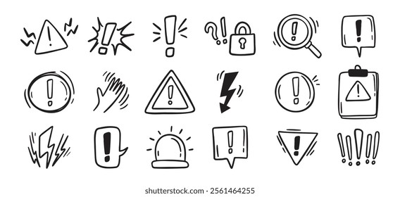 Warnings related hand drawn doodle simple icons set. Vector line drawing warnings related icons. Vector illustration