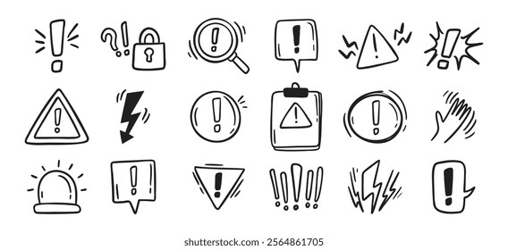 Warnings related hand drawn doodle simple icons set. Vector line drawing warnings related icons. Vector illustration