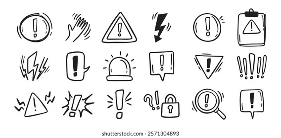 Warnings related hand drawn doodle simple icons set. Vector line drawing warnings related icons. Vector illustration