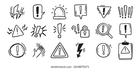 Warnings related hand drawn doodle simple icons set. Vector line drawing warnings related icons. Vector illustration