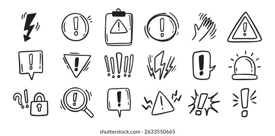 Avisos relacionados mão desenhada rabiscar ícones simples conjunto. Avisos de desenho de linha de vetor relacionados a ícones. Ilustração vetorial
