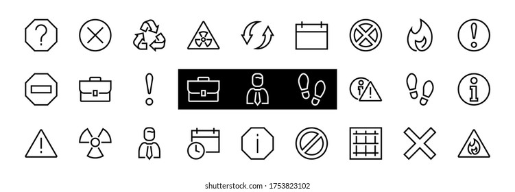WARNINGS simple set of thin line vector icons. Contains icons such as warning, exclamation mark, reuse, warning sign and more. Editable stroke. Vector illustration.