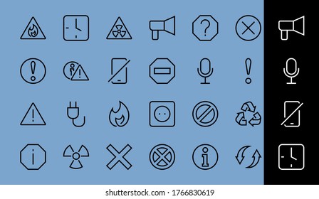 WARNINGS simple set of thin line vector icons. Contains icons such as warning, exclamation mark, reuse, warning sign and more. Editable stroke. Vector illustration.