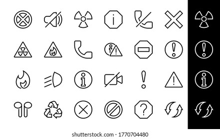 WARNINGS simple set of thin line vector icons. Contains icons such as warning, exclamation mark, reuse, warning sign and more. Editable stroke. Vector illustration.