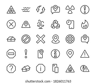 WARNINGS simple set of thin line vector icons. Contains icons such as warning, exclamation mark, reuse, warning sign and more. Editable stroke. Vector illustration.