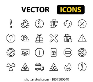 WARNINGS simple set of thin line vector icons. Contains icons such as warning, exclamation mark, reuse, warning sign and more. Editable stroke. Vector illustration.