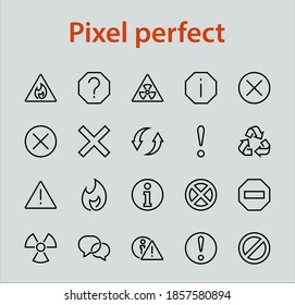 WARNINGS simple set of thin line vector icons. Contains icons such as warning, exclamation mark, reuse, warning sign and more. Editable stroke. Vector illustration.