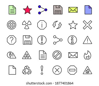 WARNINGS simple set of thin line vector icons. Contains icons such as warning, exclamation mark, reuse, warning sign and more. Editable stroke. Vector illustration.