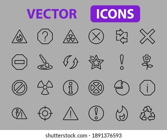 WARNINGS simple set of thin line vector icons. Contains icons such as warning, exclamation mark, reuse, warning sign and more. Editable stroke. Vector illustration.