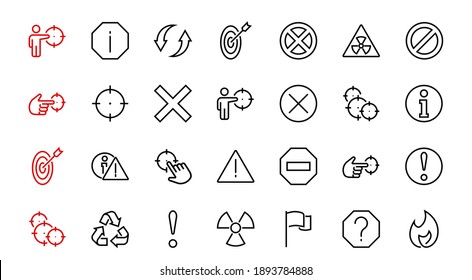 WARNINGS simple set of thin line vector icons. Contains icons such as warning, exclamation mark, reuse, warning sign and more. Editable stroke. Vector illustration.