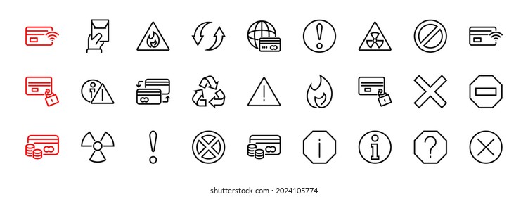 WARNINGS simple set of thin line vector icons. Contains icons such as warning, exclamation mark, reuse, warning sign and more. Editable stroke. Vector illustration.