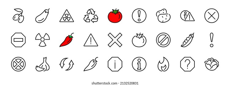 WARNINGS simple set of thin line vector icons. Contains icons such as warning, exclamation mark, reuse, warning sign and more. Editable stroke. Vector illustration.