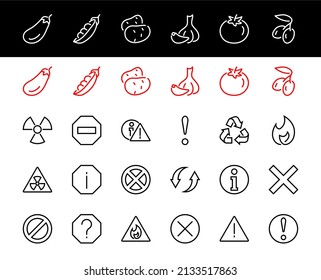 WARNINGS simple set of thin line vector icons. Contains icons such as warning, exclamation mark, reuse, warning sign and more. Editable stroke. Vector illustration.