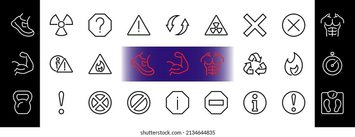 WARNINGS simple set of thin line vector icons. Contains icons such as warning, exclamation mark, reuse, warning sign and more. Editable stroke. Vector illustration