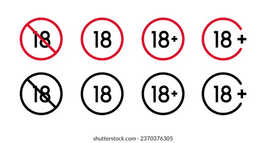 Advertencias menores de 18 años, insignias blancas rojas. Icono de sólo edad de contenido para adultos.
Conjunto de signos de restricción de edad. Marcar el límite de edad. ilustración