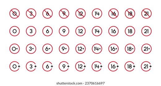 Advertencias menores de edad, insignias rojas y blancas negras. Solo edad de contenido para adultos. Icono de línea simple. Conjunto de signos de restricción de edad. Marcar el límite de edad. ilustración