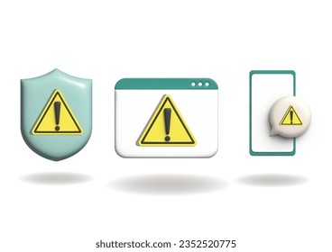 Advertir iconos web en estilo 3d. Signo de advertencia, alerta, parada, notificación, seguridad, colección. Ilustración vectorial 3d.