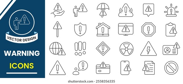 Warnings web icons vector set. Warning icon set. Warning related line icons. Alert, caution, danger, emergency, error, warning sign symbol. Vector illustration.