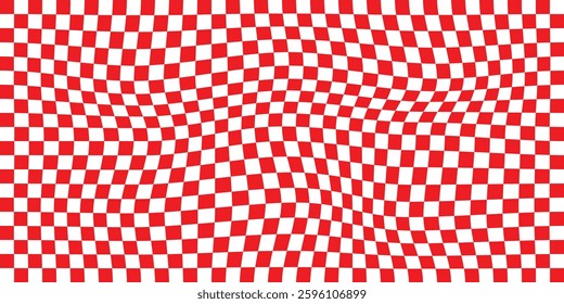 Warp Checkerboard Seamless Pattern. Groovy Distorted Checkered Background. Vector checkered background with optical illusion or distortion wave. Psychedelic dynamic banner background.