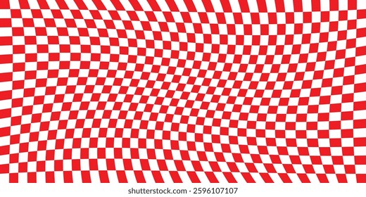 Warp Checkerboard Seamless Pattern. Groovy Distorted Checkered Background. Vector checkered background with optical illusion or distortion wave. Psychedelic dynamic banner background.