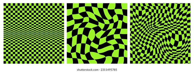 Warp Checkerboard Seamless Patterns Set. Vector Psychedelic Checker Grid Background. Black and Green Waved Bg with Squares. Abstract Geometric Texture