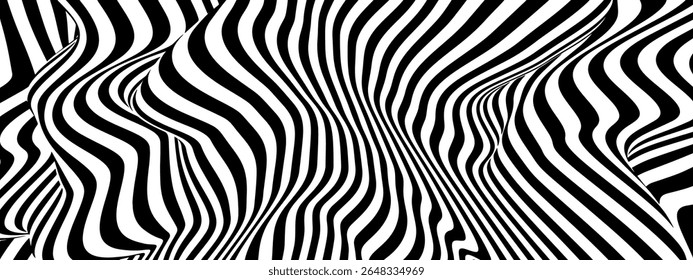 Warp optical illusion pattern with black and white lines for abstract background or retro art. Wavy stripe texture with curvy design for modern poster or decor. Geometric ripple with 3D effect.