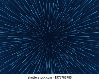 Warp stars. Fast movement, hyperspace moving stars in gravitational field, space traveling tunnel. Futuristic neon particles vector beam speed explosion concept