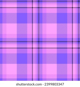 Warp texture plaid background, stroke tartan check textile. Symmetry seamless fabric vector pattern in indigo and magenta colors.