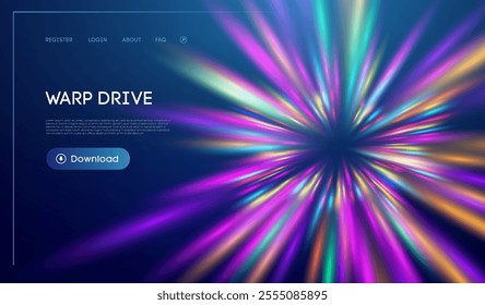 Warp tunnel speed of light technology background. Neon light futuristic beams. Warp drive vector background.